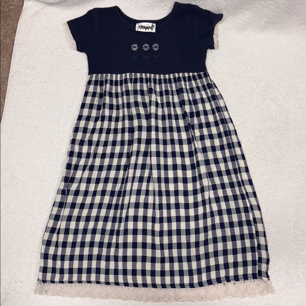 Vintage Yb normal navy checked daisy short sleeve dress girls 6x